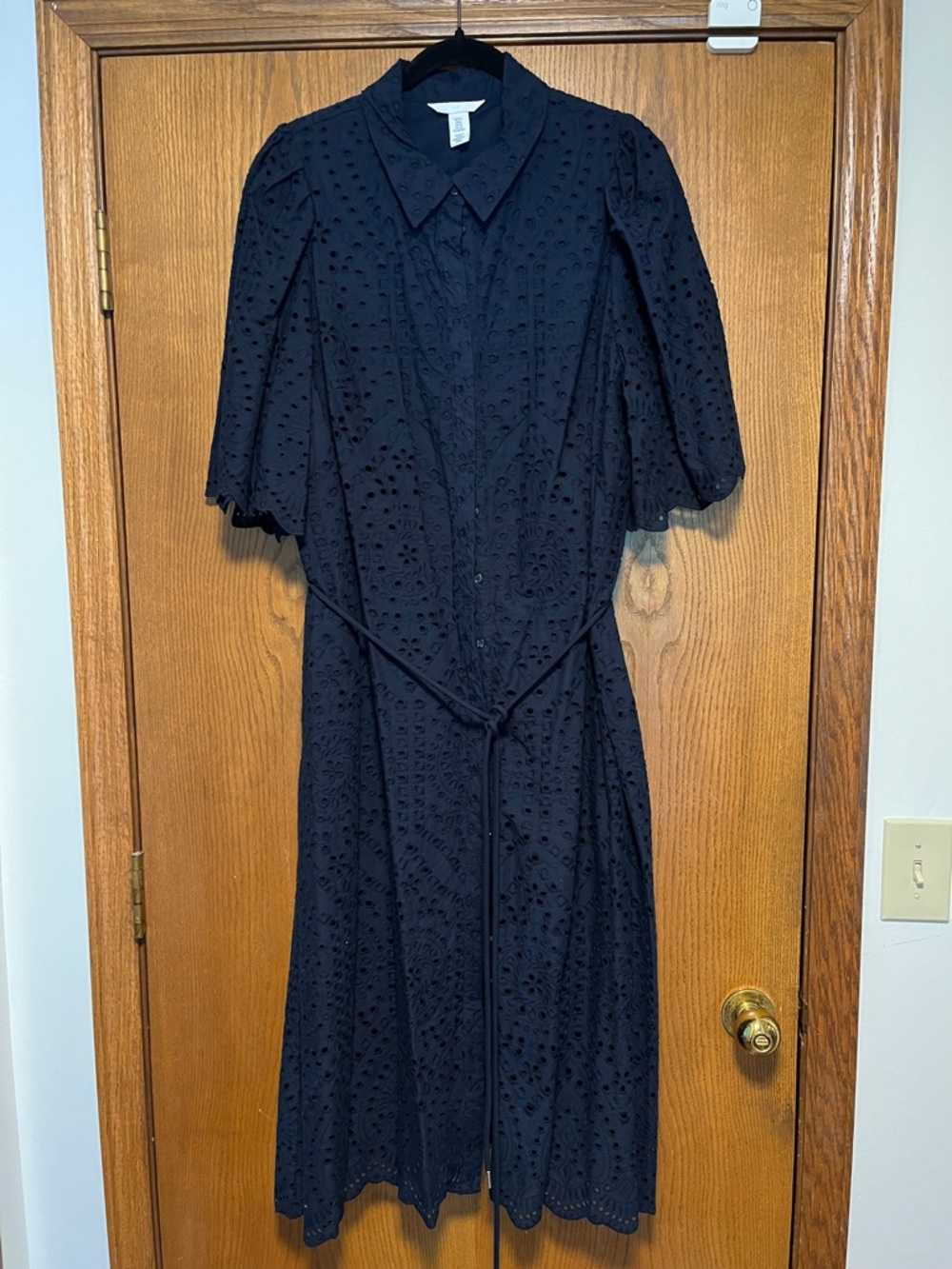 H&M Black Eyelet Midi Shirt Dress with Tie Waist